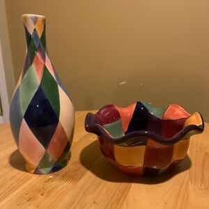 Two Home Accent Multicolored Vase And Bowl